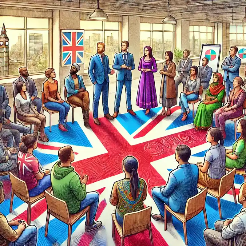 diverse people standing on a union jack carpet