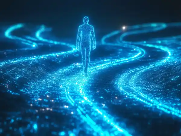 A person surrounded by neon data flows